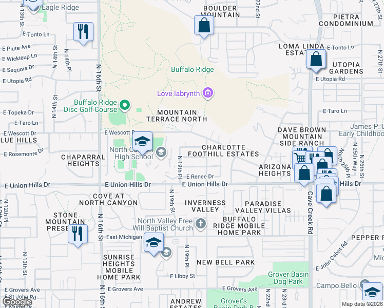 map of restaurants, bars, coffee shops, grocery stores, and more near 1944 East Rosemonte Drive in Phoenix