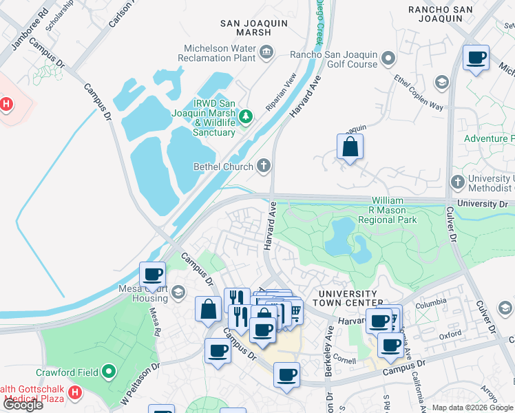 map of restaurants, bars, coffee shops, grocery stores, and more near 83 Stanford Court in Irvine