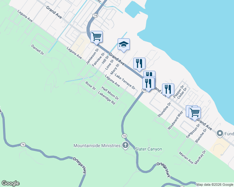 map of restaurants, bars, coffee shops, grocery stores, and more near 15730 Shadow Mountain Lane in Lake Elsinore