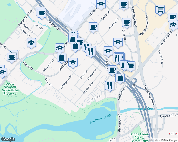 map of restaurants, bars, coffee shops, grocery stores, and more near 20122 Orchid Street in Newport Beach