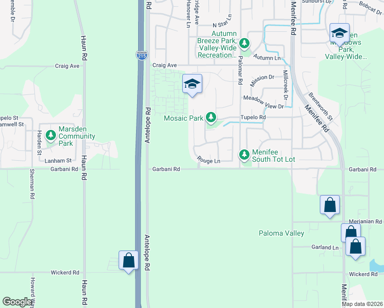 map of restaurants, bars, coffee shops, grocery stores, and more near 31893 Rouge Lane in Menifee