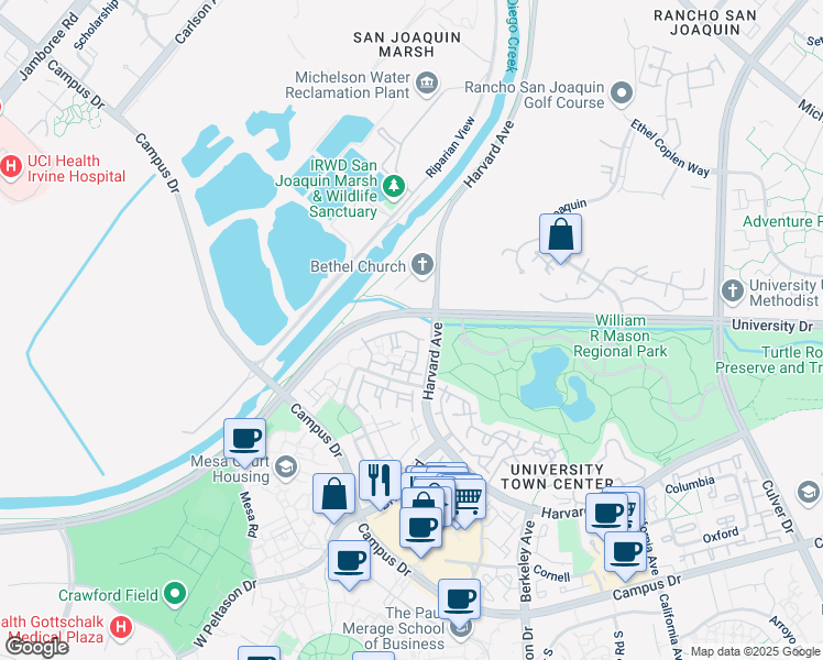 map of restaurants, bars, coffee shops, grocery stores, and more near 89 Stanford Court in Irvine