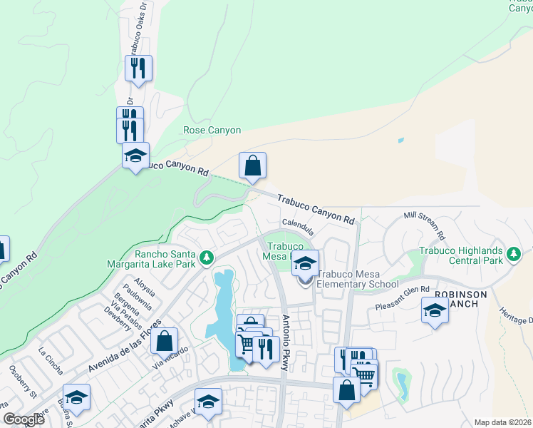 map of restaurants, bars, coffee shops, grocery stores, and more near 1 Calendula in Rancho Santa Margarita