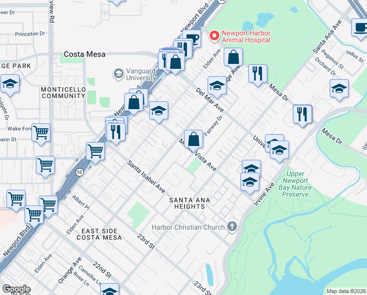 map of restaurants, bars, coffee shops, grocery stores, and more near 221 Monte Vista Avenue in Costa Mesa