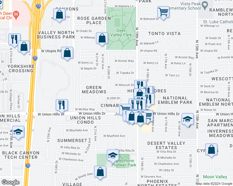 map of restaurants, bars, coffee shops, grocery stores, and more near 2002 West Kimberly Way in Phoenix