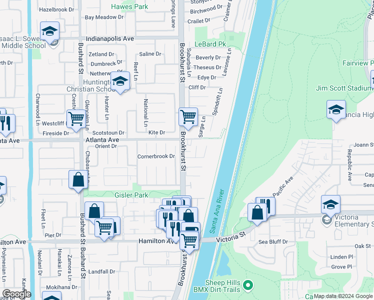 map of restaurants, bars, coffee shops, grocery stores, and more near 21062 Brookhurst Street in Huntington Beach