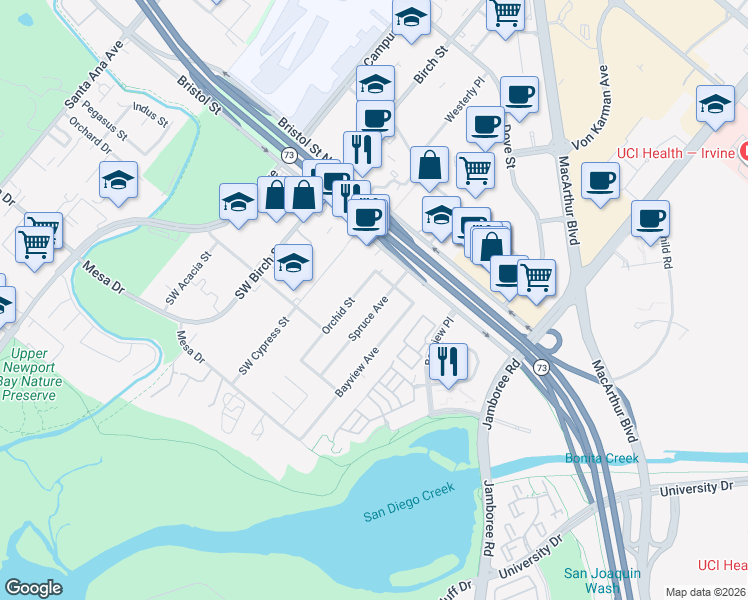 map of restaurants, bars, coffee shops, grocery stores, and more near 20101 Spruce Avenue in Newport Beach