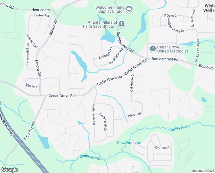 map of restaurants, bars, coffee shops, grocery stores, and more near 4166 Cedar Commons Way in Conley