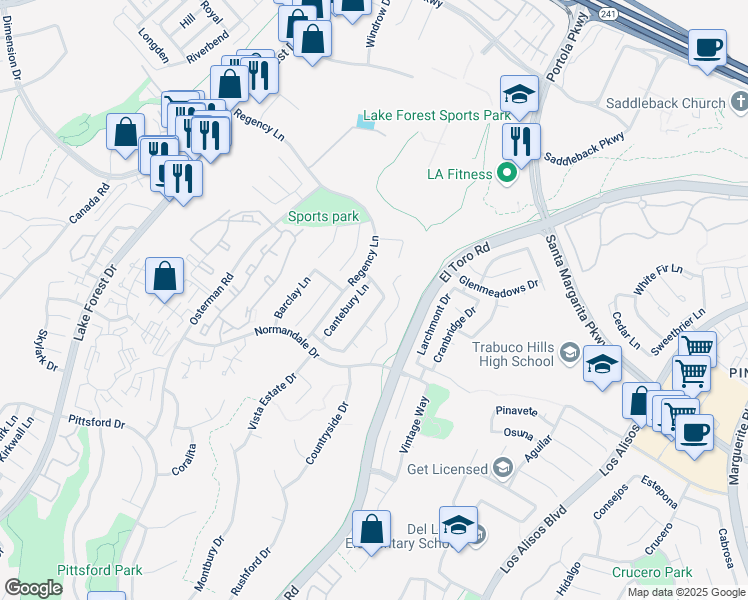 map of restaurants, bars, coffee shops, grocery stores, and more near 21041 Kensington Lane in Lake Forest