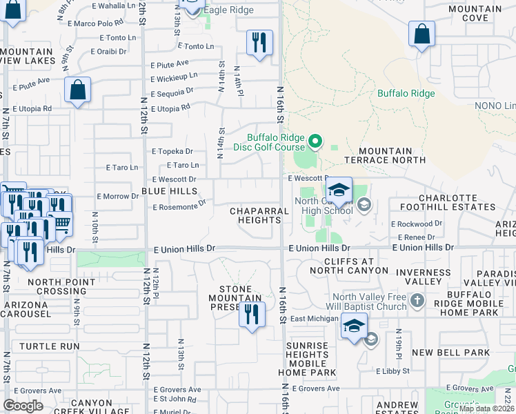 map of restaurants, bars, coffee shops, grocery stores, and more near 1465 East Rosemonte Drive in Phoenix