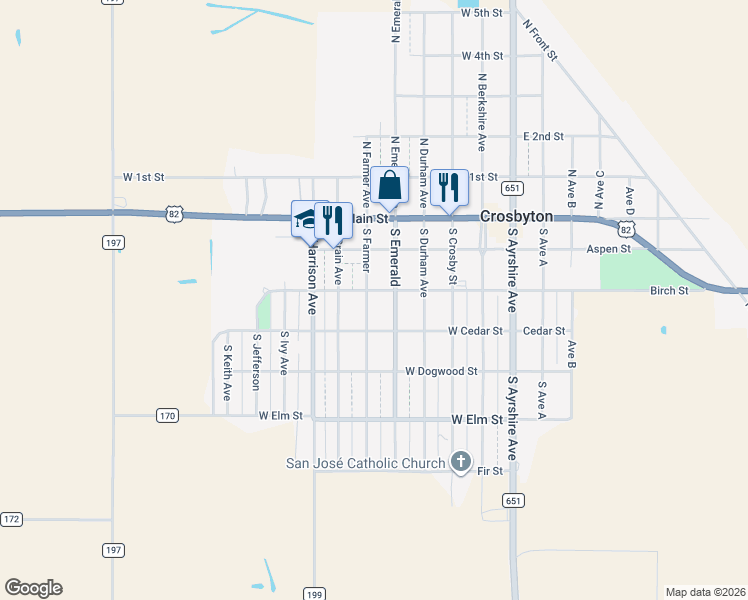 map of restaurants, bars, coffee shops, grocery stores, and more near 301-399 South Farmer Avenue in Crosbyton