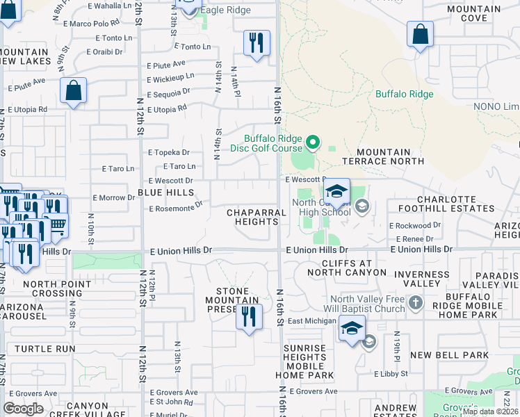 map of restaurants, bars, coffee shops, grocery stores, and more near 1465 East Rosemonte Drive in Phoenix