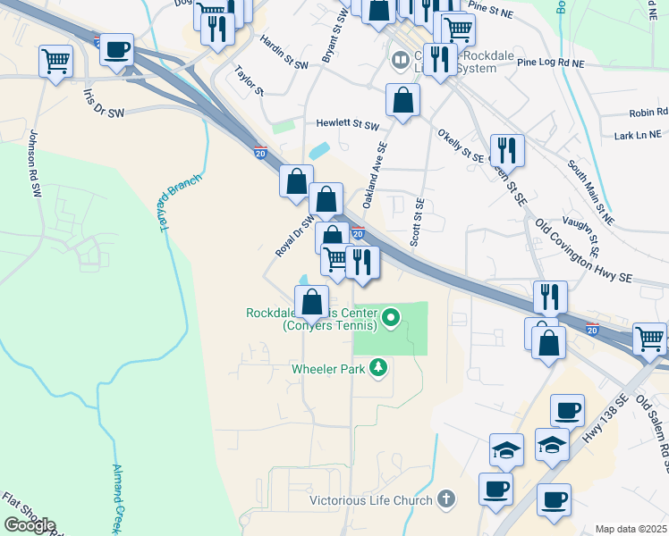 map of restaurants, bars, coffee shops, grocery stores, and more near 1255 Commercial Drive Southwest in Conyers