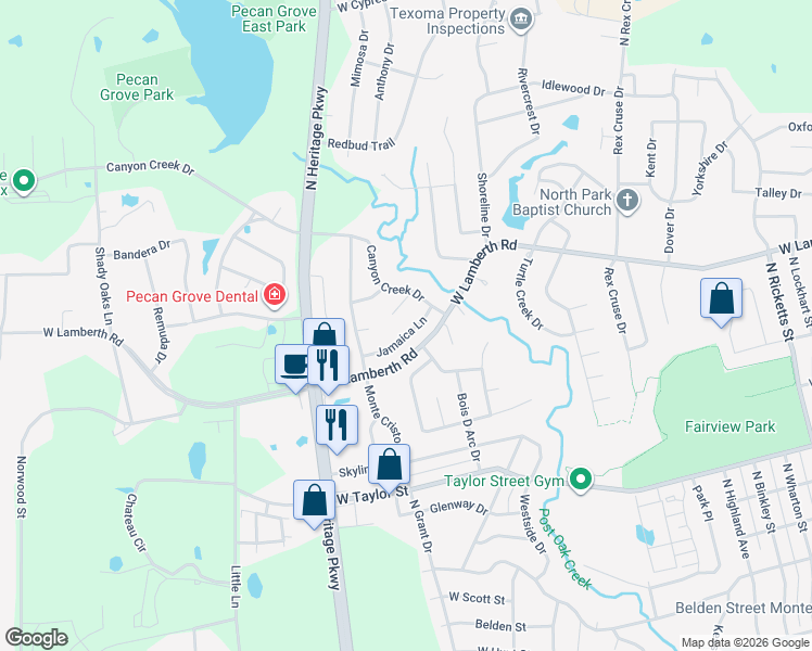 map of restaurants, bars, coffee shops, grocery stores, and more near 1817 Jamaica Lane in Sherman