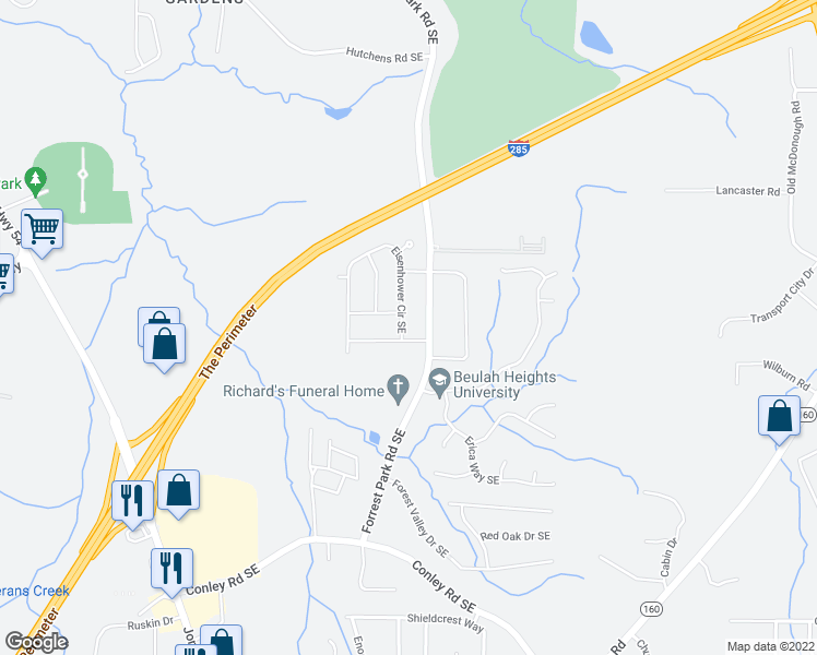 map of restaurants, bars, coffee shops, grocery stores, and more near 3329 Eisenhower Circle Southeast in Atlanta