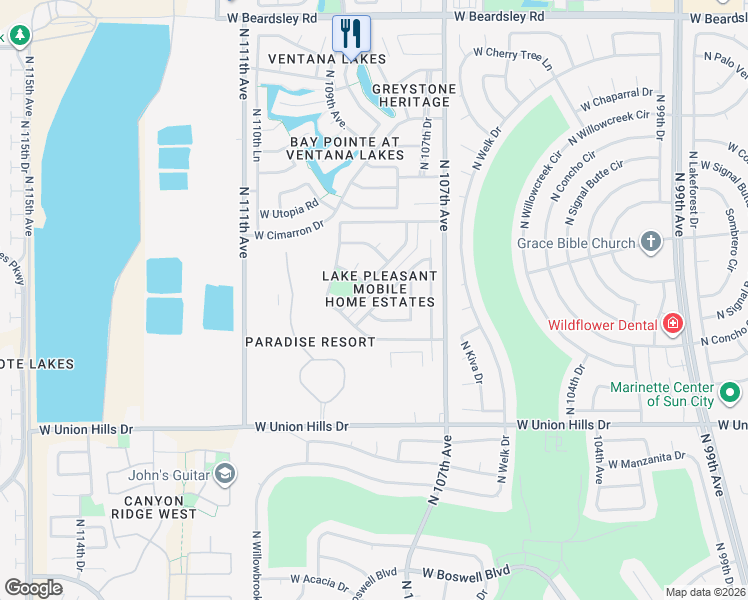 map of restaurants, bars, coffee shops, grocery stores, and more near 19030 North Dinero Road in Sun City