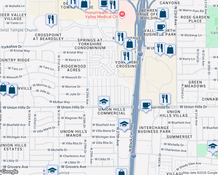 map of restaurants, bars, coffee shops, grocery stores, and more near 2650 West Union Hills Drive in Phoenix
