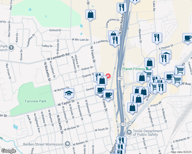map of restaurants, bars, coffee shops, grocery stores, and more near 2108 North Travis Street in Sherman
