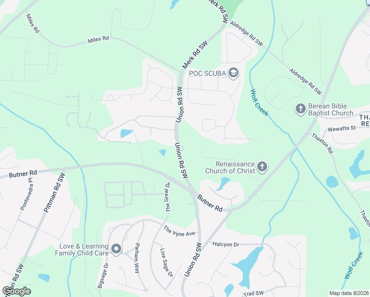 map of restaurants, bars, coffee shops, grocery stores, and more near 3610 Union Road Southwest in Atlanta