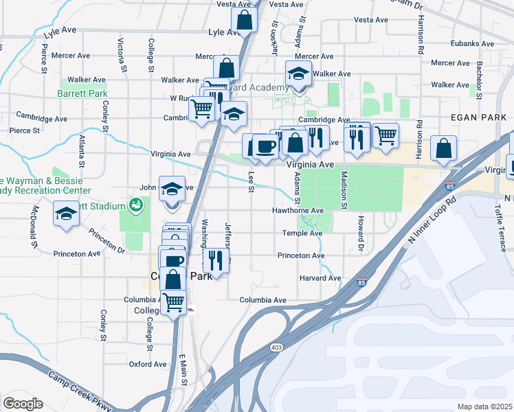 map of restaurants, bars, coffee shops, grocery stores, and more near 1695 Hawthorne Avenue in College Park