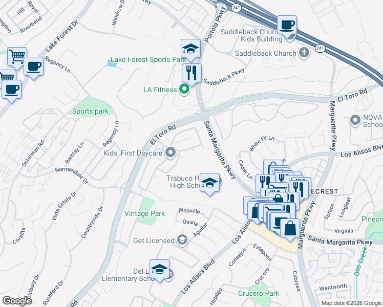 map of restaurants, bars, coffee shops, grocery stores, and more near 27295 Hampden Terrace in Lake Forest
