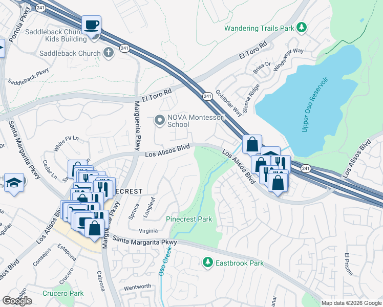 map of restaurants, bars, coffee shops, grocery stores, and more near 21004 Ponderosa in Mission Viejo