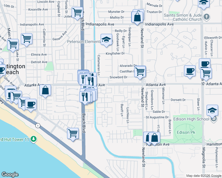 map of restaurants, bars, coffee shops, grocery stores, and more near 8225 Freeport Lane in Huntington Beach