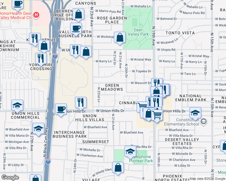 map of restaurants, bars, coffee shops, grocery stores, and more near 2101 West Kimberly Way in Phoenix