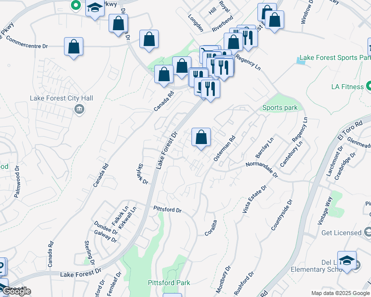 map of restaurants, bars, coffee shops, grocery stores, and more near 26362 Moorsview in Lake Forest