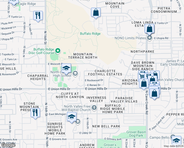 map of restaurants, bars, coffee shops, grocery stores, and more near 1940 East Rosemonte Drive in Phoenix