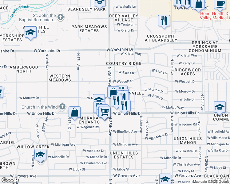 map of restaurants, bars, coffee shops, grocery stores, and more near 18820 North 34th Lane in Phoenix