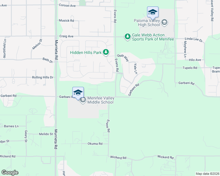 map of restaurants, bars, coffee shops, grocery stores, and more near 31501-32199 Evans Road in Menifee