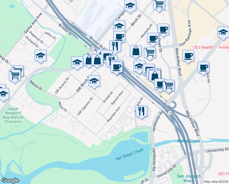 map of restaurants, bars, coffee shops, grocery stores, and more near 20101 Spruce Avenue in Newport Beach