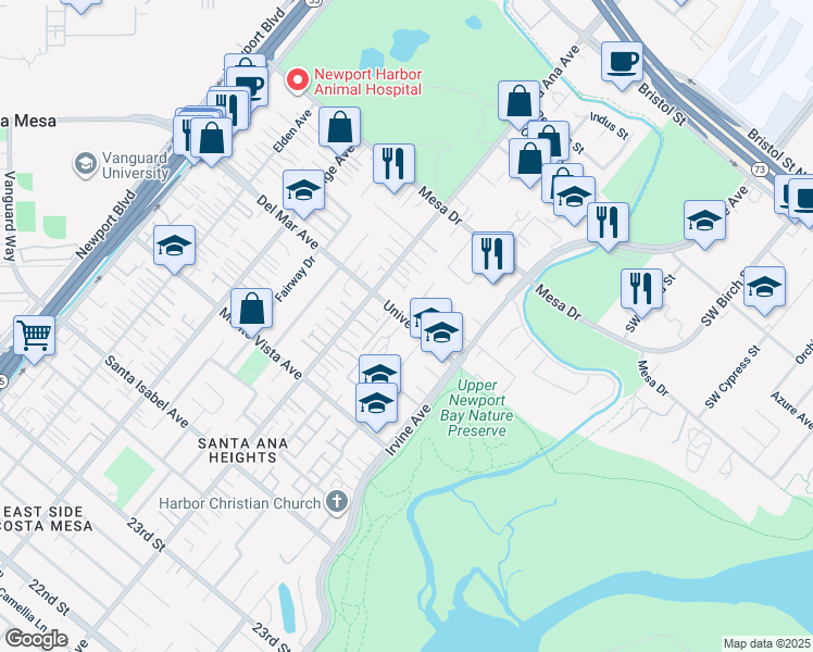 map of restaurants, bars, coffee shops, grocery stores, and more near 335 University Drive in Costa Mesa
