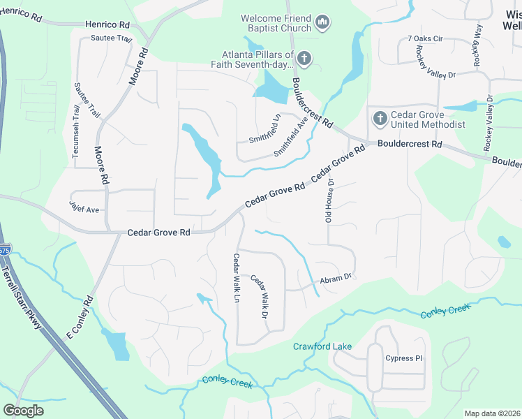 map of restaurants, bars, coffee shops, grocery stores, and more near 4167 Cedar Commons Way in Conley