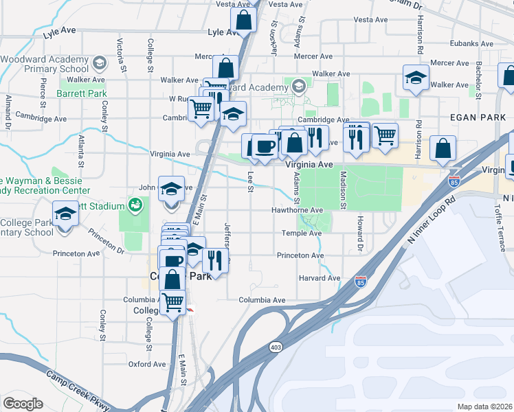 map of restaurants, bars, coffee shops, grocery stores, and more near 1695 Hawthorne Avenue in College Park