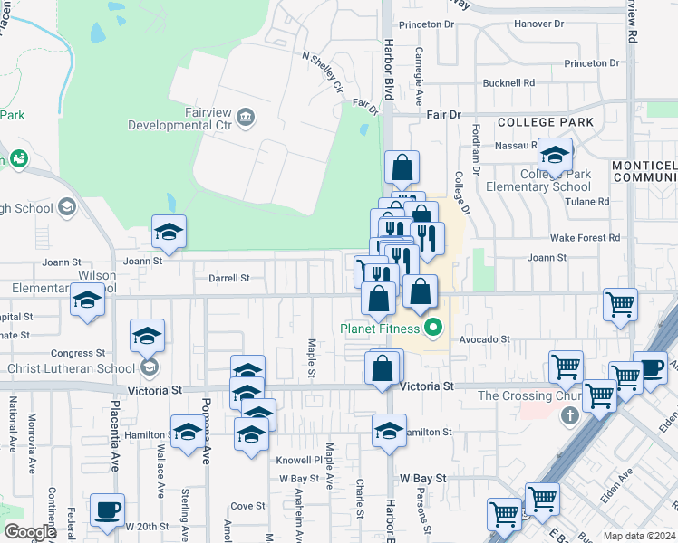 map of restaurants, bars, coffee shops, grocery stores, and more near 2280 Miner Street in Costa Mesa