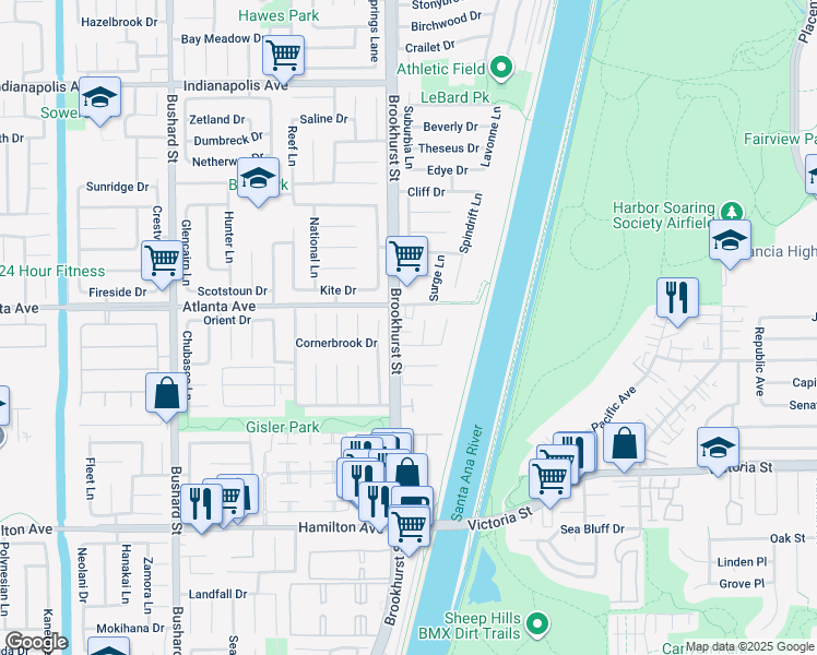 map of restaurants, bars, coffee shops, grocery stores, and more near 21062 Brookhurst Street in Huntington Beach