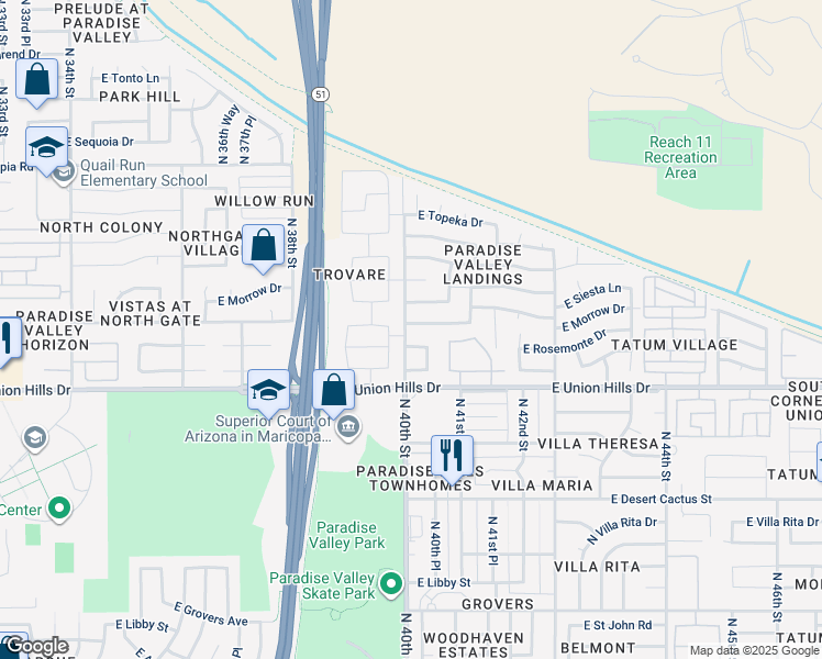 map of restaurants, bars, coffee shops, grocery stores, and more near 4001 East Rosemonte Drive in Phoenix
