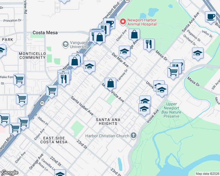 map of restaurants, bars, coffee shops, grocery stores, and more near 232 Monte Vista Avenue in Costa Mesa