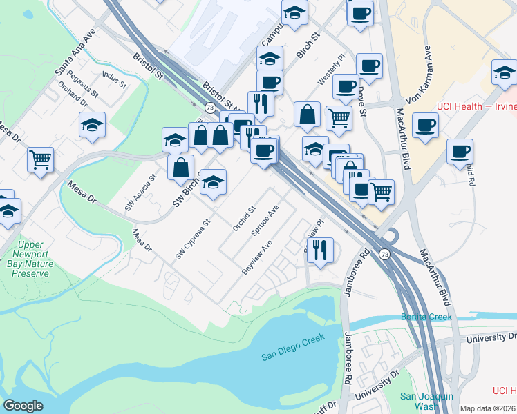 map of restaurants, bars, coffee shops, grocery stores, and more near 20122 Orchid Street in Newport Beach