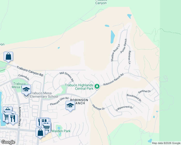 map of restaurants, bars, coffee shops, grocery stores, and more near 21036 Pennington Lane in Trabuco Canyon