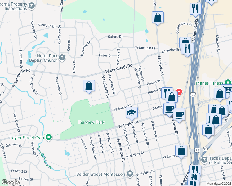 map of restaurants, bars, coffee shops, grocery stores, and more near 509 West Pelton Street in Sherman