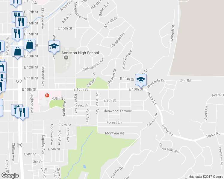 map of restaurants, bars, coffee shops, grocery stores, and more near 1312 East 10th Street in Anniston