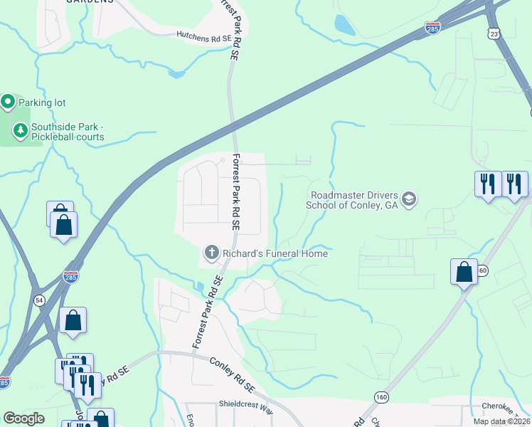 map of restaurants, bars, coffee shops, grocery stores, and more near 3570 Pine Forest Drive Southeast in Atlanta