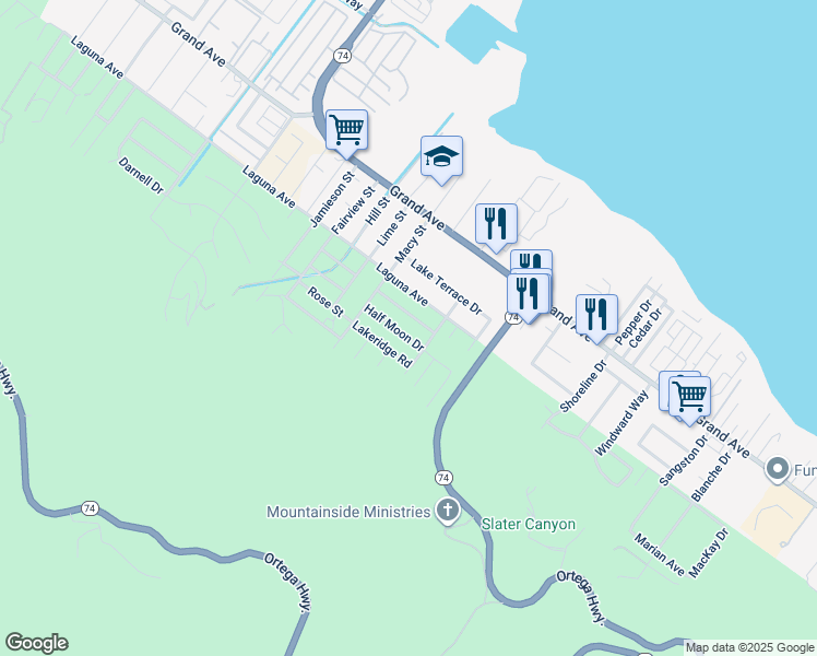 map of restaurants, bars, coffee shops, grocery stores, and more near 15680 Half Moon Drive in Lake Elsinore
