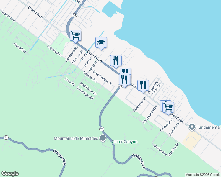 map of restaurants, bars, coffee shops, grocery stores, and more near 15790 Laguna Avenue in Lake Elsinore