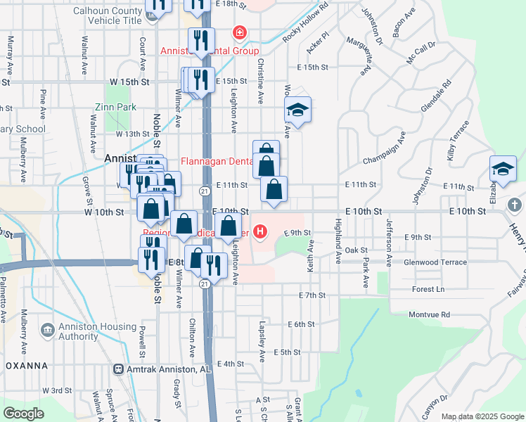 map of restaurants, bars, coffee shops, grocery stores, and more near 409 East 10th Street in Anniston