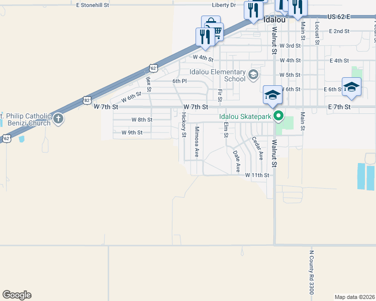 map of restaurants, bars, coffee shops, grocery stores, and more near 823 Hickory Street in Idalou