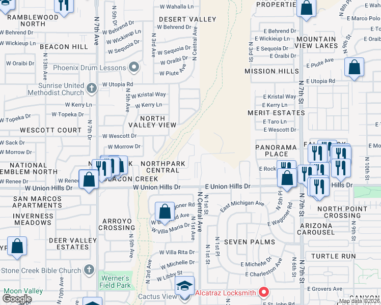 map of restaurants, bars, coffee shops, grocery stores, and more near 18806 North 1st Avenue in Phoenix